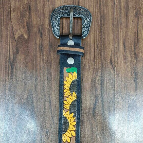 Floral Strap Belt, Embossed Full Grain Leather Belt, Western Hand-Tooled Belt - Picture 5 of 12